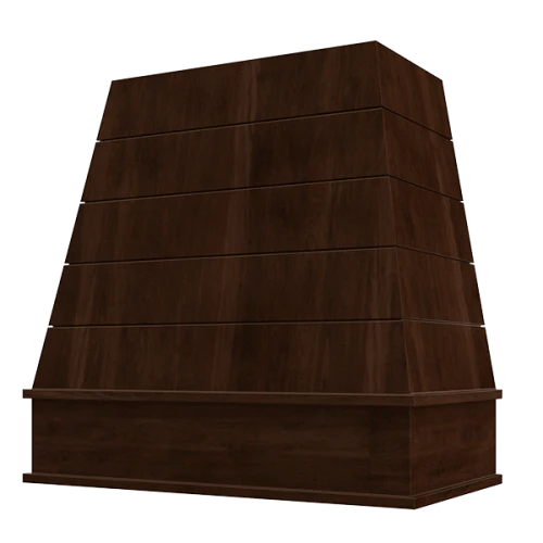 Riley & Higgs Espresso Wood Range Hood With Tapered Shiplap Front and Block Trim - 30", 36", 42", 48", 54" and 60" Widths Available