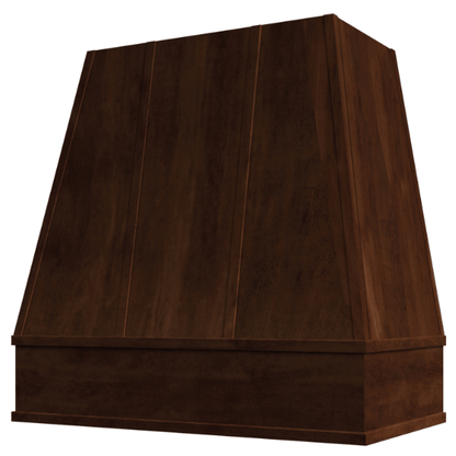 Riley & Higgs Espresso Wood Range Hood With Tapered Strapped Front and Block Trim - 30", 36", 42", 48", 54" and 60" Widths Available