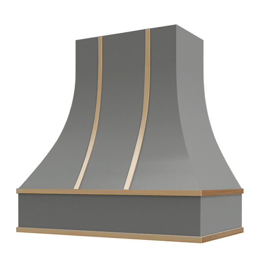 Riley & Higgs Grey Range Hood With Curved Front, Brass Strapping and Block Trim - 30", 36", 42", 48", 54" and 60" Widths Available