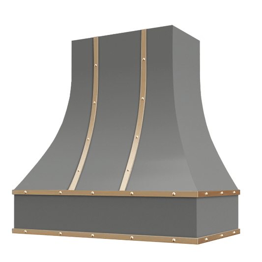 Riley & Higgs Grey Range Hood With Curved Front, Brass Strapping, Buttons and Block Trim - 30", 36", 42", 48", 54" and 60" Widths Available