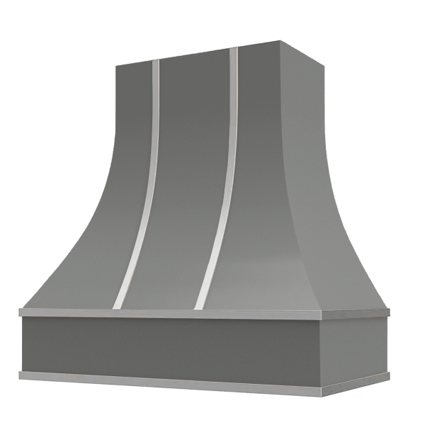 Riley & Higgs Grey Range Hood With Curved Front, Silver Strapping and Block Trim - 30", 36", 42", 48", 54" and 60" Widths Available