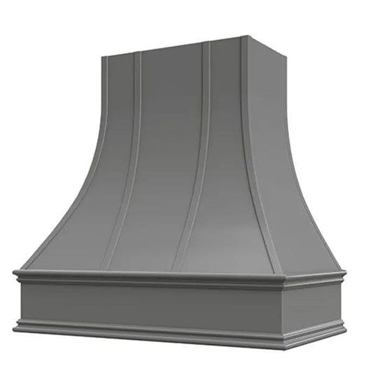 Riley & Higgs Grey Range Hood With Curved Strapped Front and Decorative Trim - 30", 36", 42", 48", 54" and 60" Widths Available