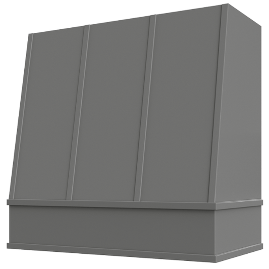 Riley & Higgs Grey Wood Range Hood With Angled Strapped Front and Block Trim - 30", 36", 42", 48", 54" and 60" Widths Available