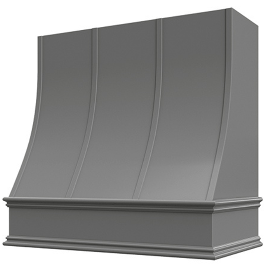 Riley & Higgs Grey Wood Range Hood With Sloped Strapped Front and Decorative Trim - 30", 36", 42", 48", 54" and 60" Widths Available