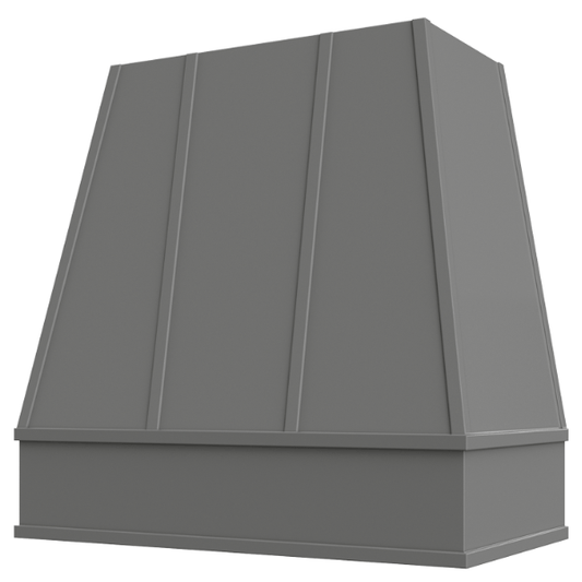 Riley & Higgs Grey Wood Range Hood With Tapered Strapped Front and Block Trim - 30", 36", 42", 48", 54" and 60" Widths Available