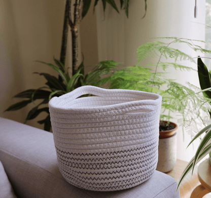 The Carpentry Shop Co. White & Black Wave Handmade Medium Large Cotton Rope Storage Basket