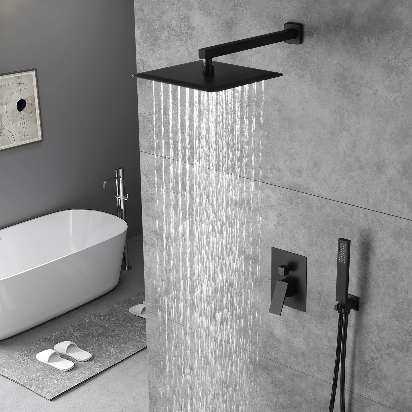 12'' or 16'' Matte Black Wall Mounted Rainfall Shower Faucet with LED or Non-LED Light - Dual Function with Pressure Balance Rough-In Valve