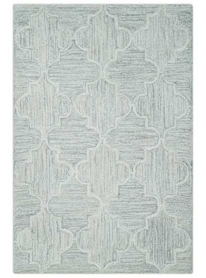 Custom Made Ivory and Silver Modern Geometric Hand Tufted Natural Wool Area Rug