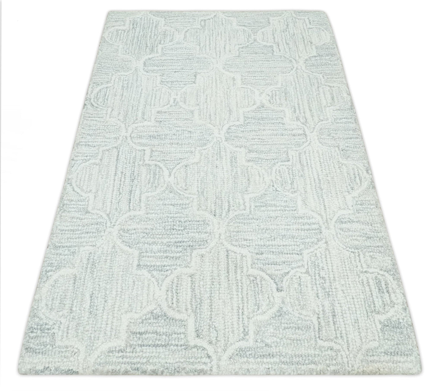 Custom Made Ivory and Silver Modern Geometric Hand Tufted Natural Wool Area Rug