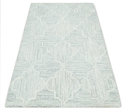 Custom Made Ivory and Silver Modern Geometric Hand Tufted Natural Wool Area Rug