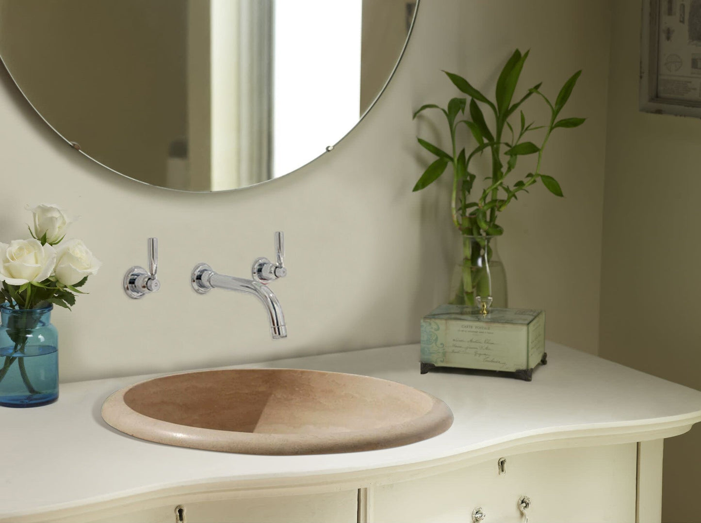 TCSC | Light Beige Travertine Natural Stone Drop-in or Above Vanity Bathroom Sink