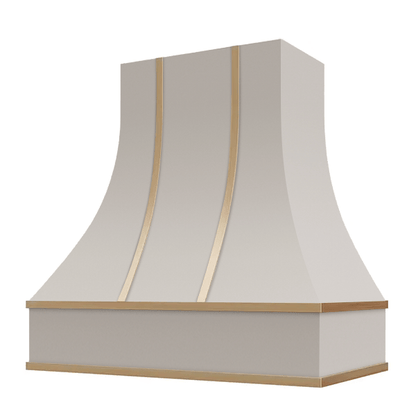 Riley & Higgs Light Grey Range Hood With Curved Front, Brass Strapping and Block Trim - 30", 36", 42", 48", 54" and 60" Widths Available