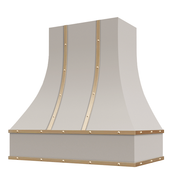 Riley & Higgs Light Grey Range Hood With Curved Front, Brass Strapping, Buttons and Block Trim - 30", 36", 42", 48", 54" and 60" Widths Available