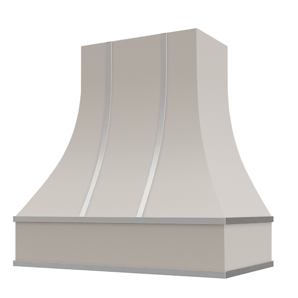 Riley & Higgs Light Grey Range Hood With Curved Front, Silver Strapping and Block Trim - 30", 36", 42", 48", 54" and 60" Widths Available