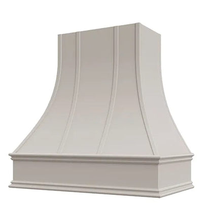 Riley & Higgs Light Grey Range Hood With Curved Strapped Front and Decorative Trim - 30", 36", 42", 48", 54" and 60" Widths Available