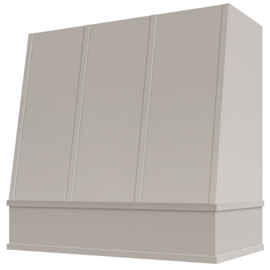 Riley & Higgs Light Grey Wood Range Hood With Angled Strapped Front and Block Trim - 30", 36", 42", 48", 54" and 60" Widths Available