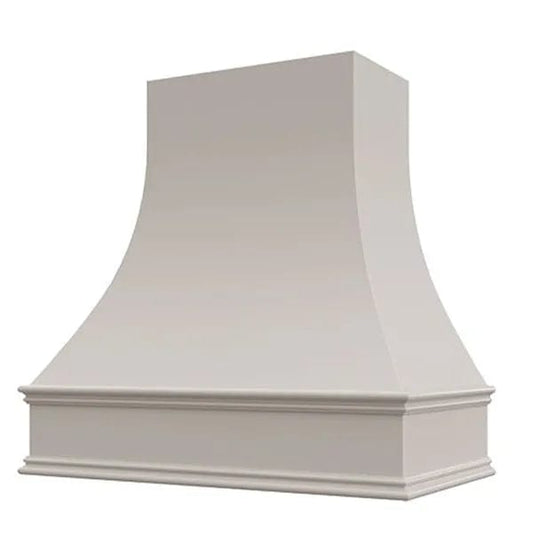 Riley & Higgs Light Grey Wood Range Hood With Curved Front and Decorative Trim - 30" 36" 42" 48" 54" and 60" Widths Available