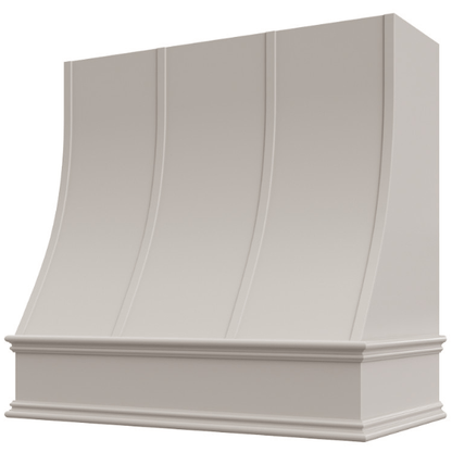 Riley & Higgs Light Grey Wood Range Hood With Sloped Strapped Front and Decorative Trim - 30", 36", 42", 48", 54" and 60" Widths Available