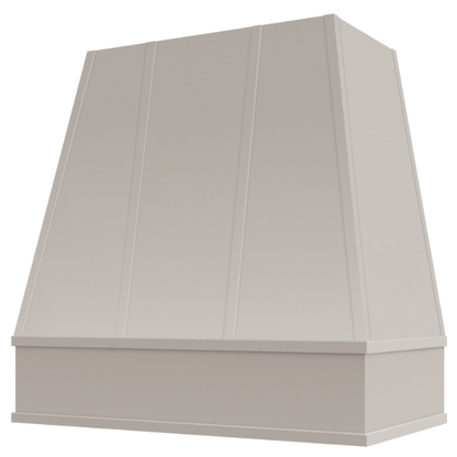 Riley & Higgs Light Grey Wood Range Hood With Tapered Strapped Front and Block Trim - 30", 36", 42", 48", 54" and 60" Widths Available