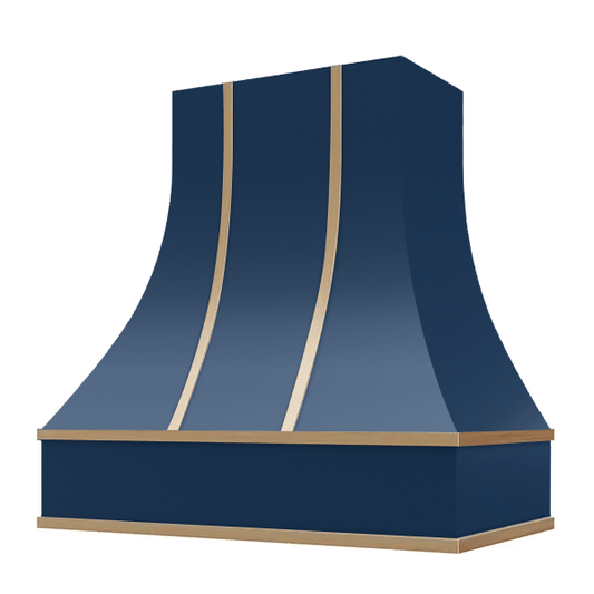 Riley & Higgs Navy Blue Range Hood With Curved Front, Brass Strapping and Block Trim - 30", 36", 42", 48", 54" and 60" Widths Available