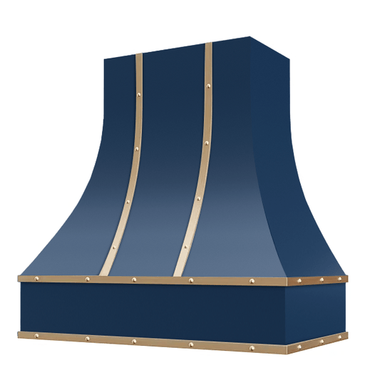 Riley & Higgs Navy Blue Range Hood With Curved Front, Brass Strapping, Buttons and Block Trim - 30", 36", 42", 48", 54" and 60" Widths Available