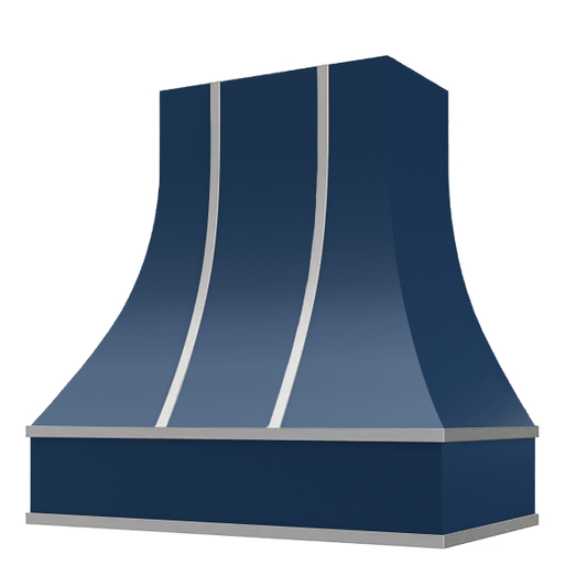 Riley & Higgs Navy Blue Range Hood With Curved Front, Silver Strapping and Block Trim - 30", 36", 42", 48", 54" and 60" Widths Available