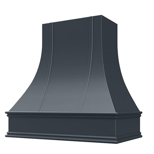 Riley & Higgs Navy Blue Range Hood With Curved Strapped Front and Decorative Trim - 30", 36", 42", 48", 54" and 60" Widths Available