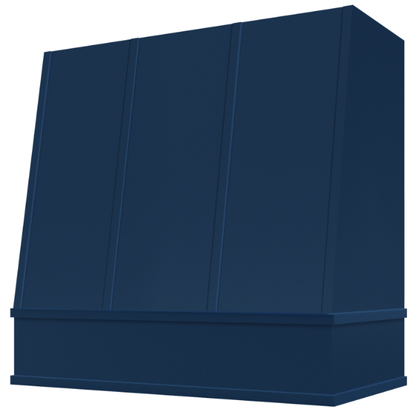 Riley & Higgs Navy Blue Wood Range Hood With Angled Strapped Front and Block Trim - 30", 36", 42", 48", 54" and 60" Widths Available