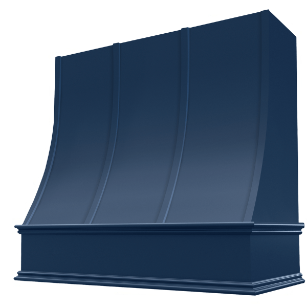 Riley & Higgs Navy Blue Wood Range Hood With Sloped Strapped Front and Decorative Trim - 30", 36", 42", 48", 54" and 60" Widths Available