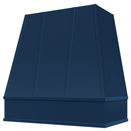 Riley & Higgs Navy Blue Wood Range Hood With Tapered Strapped Front and Block Trim - 30", 36", 42", 48", 54" and 60" Widths Available