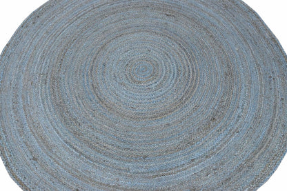 100% All Natural Fiber Hand Braided Boho Blue Round Jute Rug