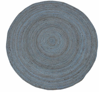 100% All Natural Fiber Hand Braided Boho Blue Round Jute Rug