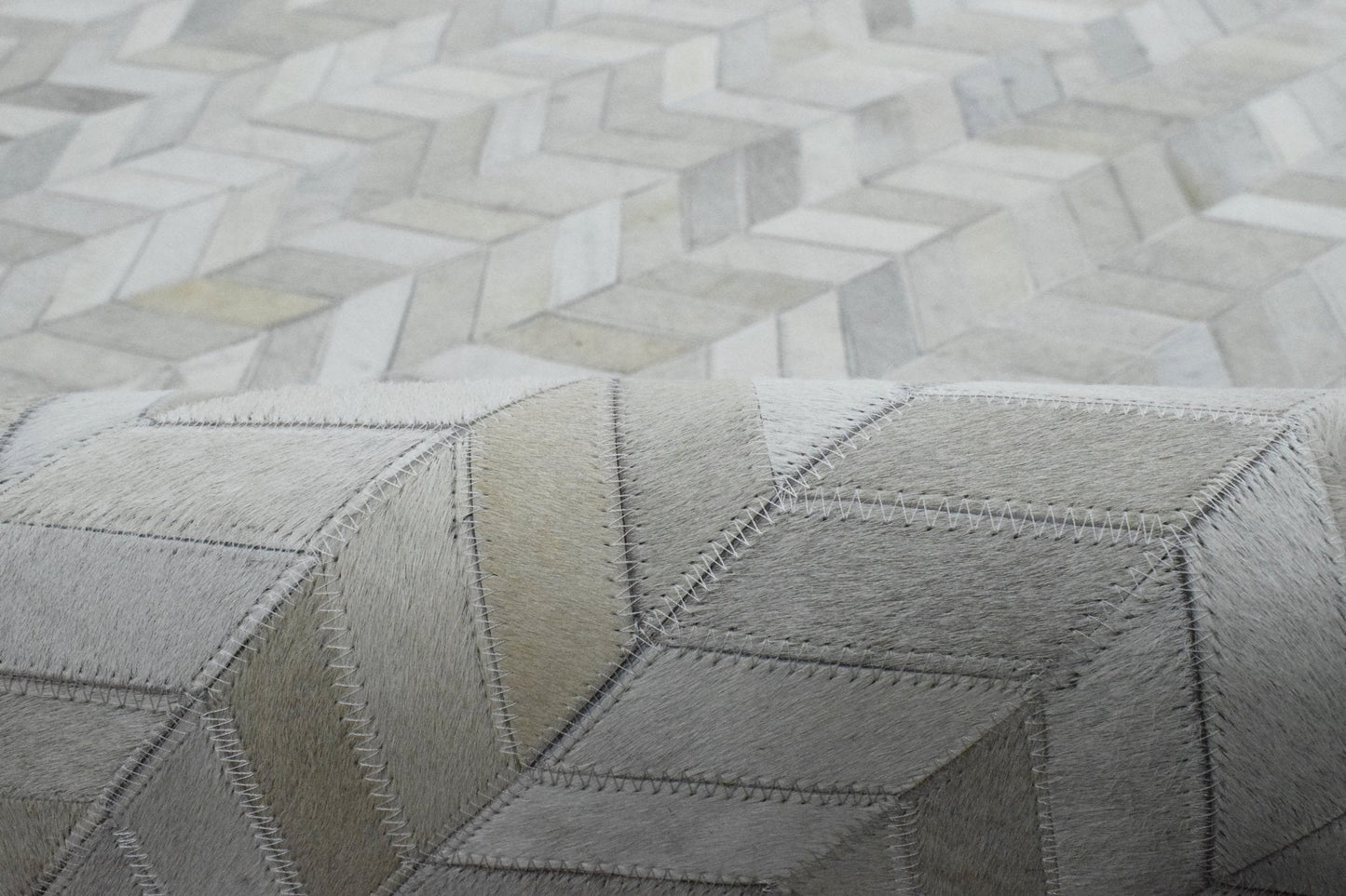 Genuine Leather Chevron Design Handmade Ivory and Beige Area Rug