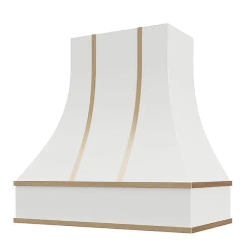 Riley & Higgs Primed Range Hood With Curved Front, Brass Strapping and Block Trim - 30", 36", 42", 48", 54" and 60" Widths Available