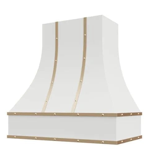 Riley & Higgs Primed Range Hood With Curved Front, Brass Strapping, Buttons and Block Trim - 30", 36", 42", 48", 54" and 60" Widths Available