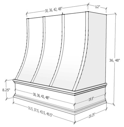 Riley & Higgs Primed Wood Range Hood With Sloped Strapped Front and Decorative Trim - 30", 36", 42", 48", 54" and 60" Widths Available