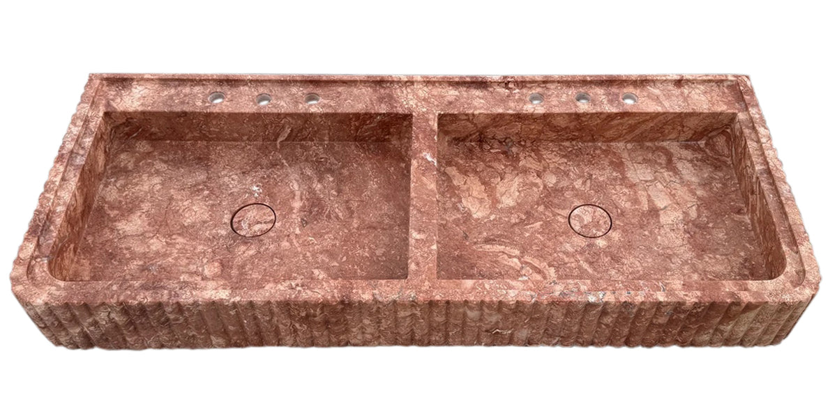 TCSC | Red Travertine Double Bathroom Vanity Sink Fluted on Front and Edges (W)20" (L)48"