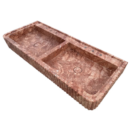 TCSC | Red Travertine Double Bathroom Vanity Sink Fluted on Front and Edges (W)20" (L)48"