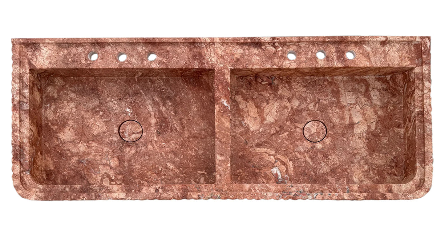 TCSC | Red Travertine Double Bathroom Vanity Sink Fluted on Front and Edges (W)20" (L)48"