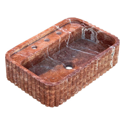 TCSC | Red Travertine Wall-mount Bathroom Sink Ribbed Textured (W)16" (W)24" (H)6"