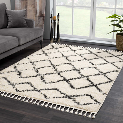 Boutique Rugs Rugs Wallagrass Beige/Black Trellis Tassel Shag