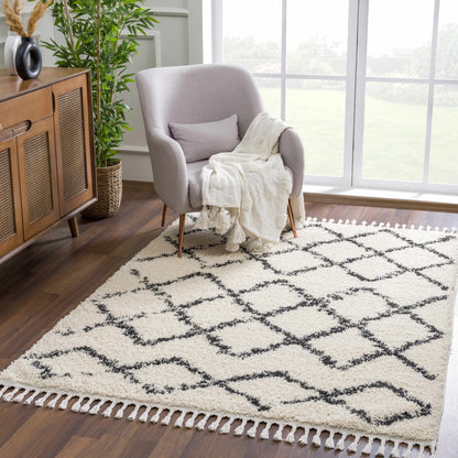 Boutique Rugs Rugs Wallagrass Beige/Black Trellis Tassel Shag