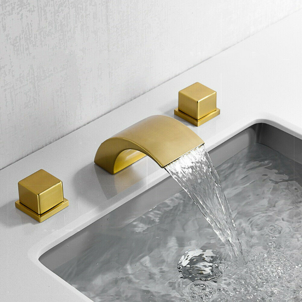 Brushed Gold or Matte Black Or Brushed Nickel Waterfall Bathroom Sink Faucet with 3 Holes, 2 Handles and Pop-Up Drain