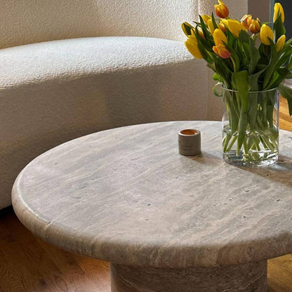 TCSC | Silver Travertine Vein-cut Round Honed 2" Tabletop Coffee Table (D)36" (H)16"