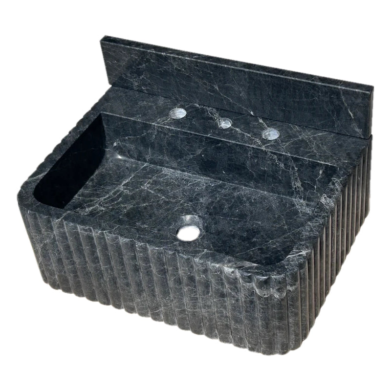 Sirius Black Marble Wall-mount Bathroom Sink Ribbed with 4" Backsplash (W)16" (L)20" (H)8"