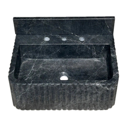 TCSC | Sirius Black Marble Wall-mount Bathroom Sink Ribbed with 4" Backsplash (W)16" (L)20" (H)8"