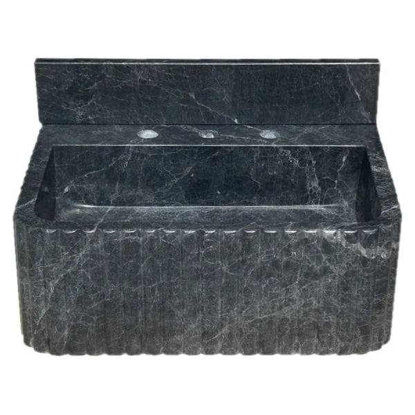 Sirius Black Marble Wall-mount Bathroom Sink Ribbed with 4" Backsplash (W)16" (L)20" (H)8"