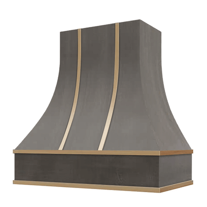 Riley & Higgs Stained Gray Range Hood With Curved Front, Brass Strapping and Block Trim - 30", 36", 42", 48", 54" and 60" Widths Available