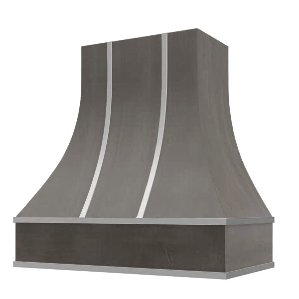 Riley & Higgs Stained Gray Range Hood With Curved Front, Silver Strapping and Block Trim - 30", 36", 42", 48", 54" and 60" Widths Available