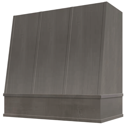 Riley & Higgs Stained Gray Wood Range Hood With Angled Strapped Front and Block Trim - 30", 36", 42", 48", 54" and 60" Widths Available